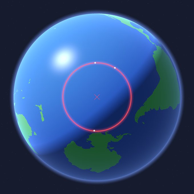 A digital illustration of planet Earth from space with a red circular orbit trajectory marked with three points and a red X at its center.