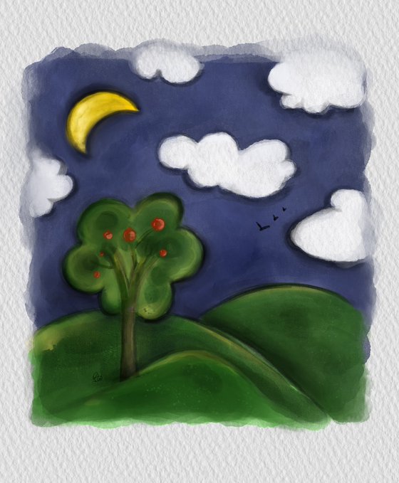 A whimsical watercolor painting depicting a nighttime landscape with a green apple tree bearing red fruit, rolling green hills, fluffy white clouds, a crescent moon, and small birds in a blue sky.