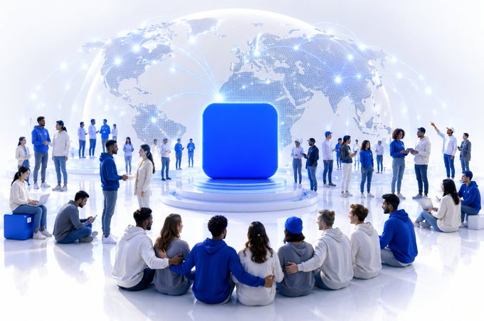 An illustration of a diverse group of people gathered around a glowing blue square icon on a pedestal, with a digital world map and network connections displayed in the background.