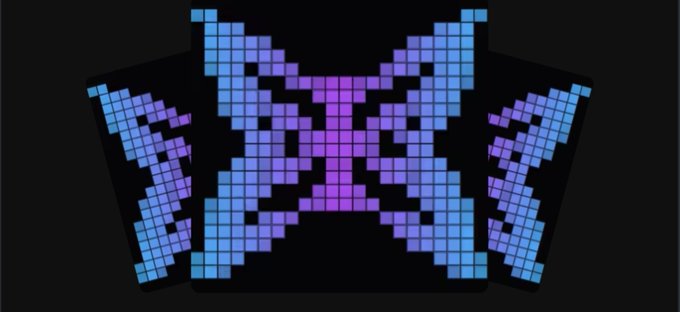 A symmetrical pixel-art design in shades of purple and blue forms a cross or insect-like shape on a dark background.