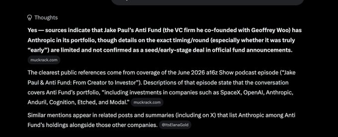 The image shows a chat or AI-generated response discussing whether Jake Paul's VC firm "Anti Fund" (co-founded with Geoffrey Woo) holds Anthropic in its portfolio, noting that while the 16z Show podcast in June 2026 mentioned investments in Anthropic alongside SpaceX, OpenAI, Anduril, Cognition, Etched, and Modal, this has not been confirmed as an official early-stage deal. The caption confirms the post's claim that Anti Fund has discussed an Anthropic investment, though it stops short of verifying it as an official seed/early-stage deal.