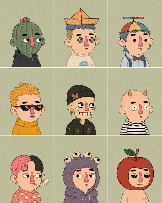 An illustration showing a 3x3 grid of nine cartoon characters with distinct surreal features, including a cactus-headed figure, a character with a paper hat, and someone wearing an apple as a mask.