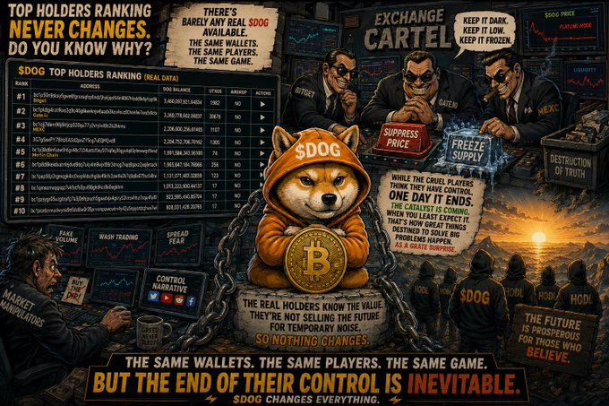 The image features a poster of a dog wearing an orange hoodie with various logos on its chest, surrounded by people dressed as different characters such as businessmen or stockbrokers, symbolizing Bitcoin trading themes. The scene appears to depict a group of investors gathered around a chart showing the flow of Bitcoins, and there is also text on the poster that questions the purpose behind Bitcoin's existence and why top holders continue to invest in it despite its limitations.