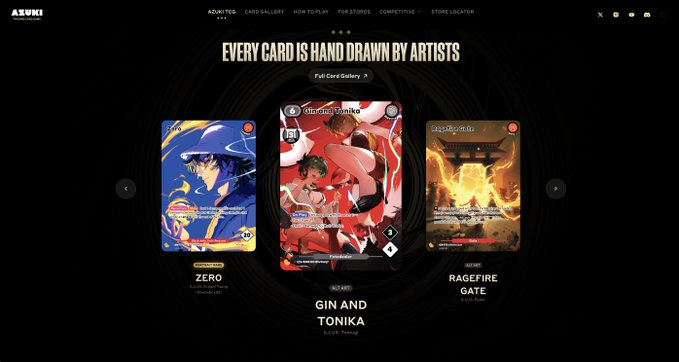 A dark-themed Azuki website banner displays the headline "EVERY CARD IS HAND DRAWN BY ARTISTS" above three featured trading cards: "ZERO," "GIN AND TONIKA" (AZK-001, featuring a Blazing Combo), and "RAGEFIRE GATE" (Azuki). The image showcases the official launch of AZK-01, highlighting the artistic card designs referenced in the post.