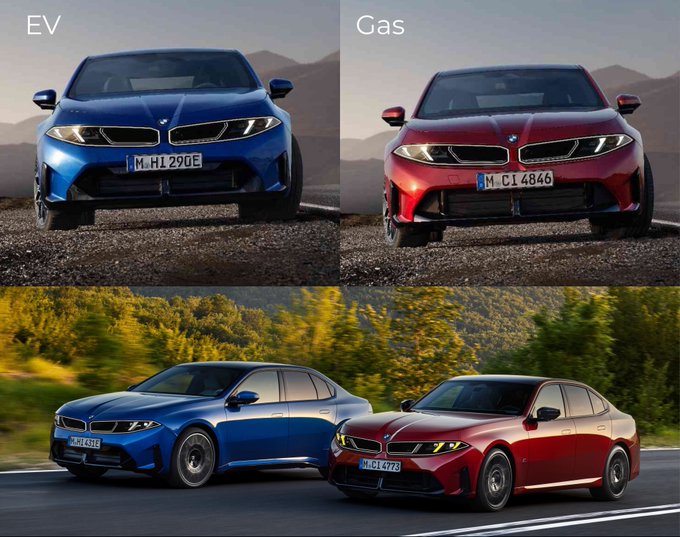 A comparison image showing blue BMW electric vehicles labeled 'EV' and red BMW gas vehicles labeled 'Gas', with both front view and side/driving views displayed.