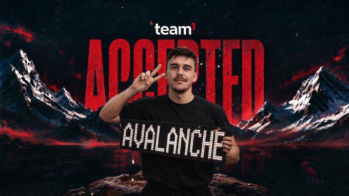 A promotional image for 'team ACCEPTED' featuring a young man holding a rhinestone 'AVALANCHE' sign against a dramatic red and black mountain landscape background.