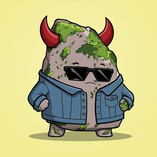 A cartoon character resembling a moss-covered rock with red devil horns, wearing black sunglasses and a blue denim jacket.