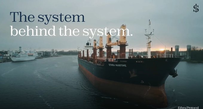 A promotional banner for 'Zibra Protocol' with the tagline 'The system behind the system,' showing a large cargo ship (ETHRA MARITIME) on water at sunset.