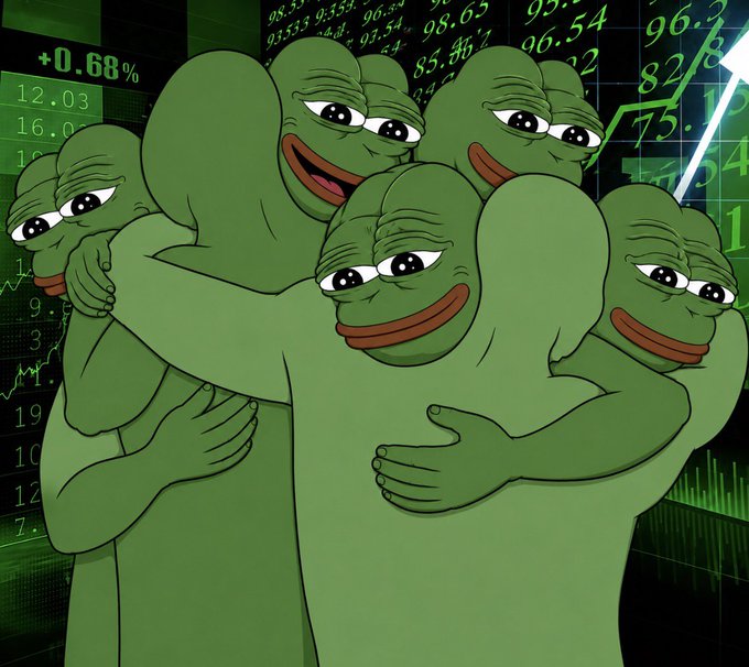 Four Pepe the Frog characters embrace in a group hug against a background of green stock market numbers showing "+0.68%" and various decimal values like 96.54 and 75.12, visually reinforcing the post's message about merging two defense-industry-backed dollars into a single $IMD coin in a celebratory "we're all going to the moon" meme format.