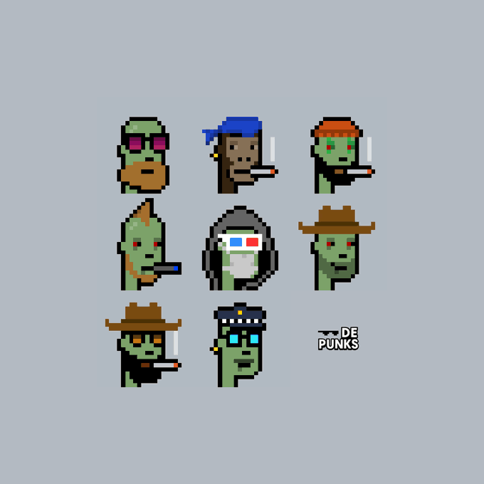 A pixel art graphic featuring eight green zombie-like character heads with various smoking accessories, labeled 'DE PUNKS' in the corner.