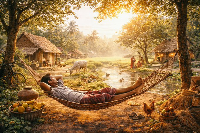A serene illustration of a man relaxing in a hammock in a tropical village setting, with thatched-roof huts, a cow, ducks, and chickens in a lush landscape during golden hour.