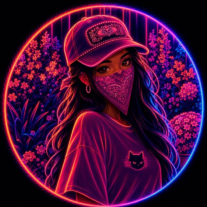 A neon-lit digital illustration of a woman wearing a paisley bandana, trucker hat, and cat-logo shirt, framed by a glowing circle with pink and purple floral accents. The "Primos are heating up" caption suggests a rising trend, paired with the artwork's fiery neon glow to evoke momentum and excitement.