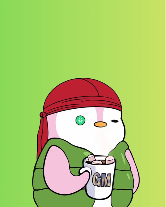 A cartoon character wearing a red cap and green vest holds a mug labeled "GM" against a green gradient background, fittingly illustrating the post's "GM WEB3!" Thursday greeting—a common crypto community salutation.