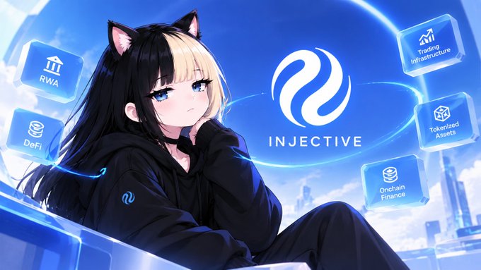 An anime-style character with black and blonde hair and cat ears sits beside the Injective logo, surrounded by icons for RWA, DeFi, Trading Infrastructure, Tokenized Assets, and Onchain Finance.