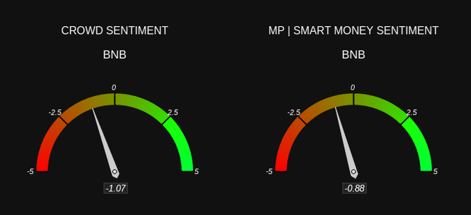 Two sentiment gauges for BNB cryptocurrency display negative readings: "CROWD SENTIMENT" at -1.07 and "MP | SMART MONEY SENTIMENT" at -0.88, both with needles pointing toward the red zone.
