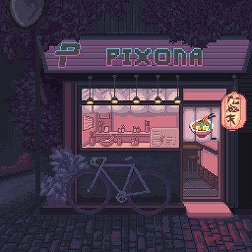 A pixel art storefront for "PIXONA" glows in pink and purple neon at night, with a bicycle parked out front, a "TEA" lantern, and a counter inside—mirroring the post's mention of Pixona being a "good cook" for the community this week.