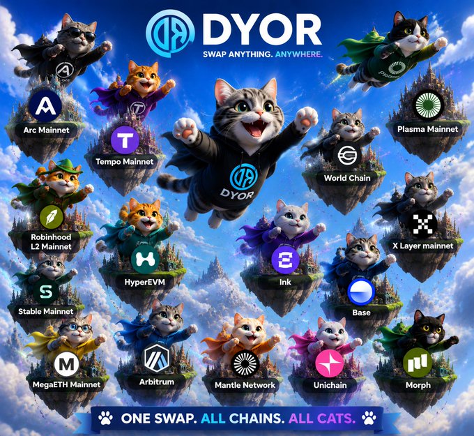 A vibrant promotional graphic for DYOR features costumed superhero cats floating on floating islands above clouds, each representing a different blockchain network including Arc Mainnet, Tempo Mainnet, Plasma Mainnet, World Chain, X Layer Mainnet, Robinhood L2, HyperEVM, Ink, Base, Sable Mainnet, MegaETH Mainnet, Arbitrum, Mantle Network, Unichain, and Morph. The tagline "ONE SWAP. ALL CHAINS. ALL CATS." reinforces the "CAT SZN IN ALL CHAINS" theme, tying DYOR's cross-chain swapping service ("SWAP ANYTHING. ANYWHERE.") to a playful cat-themed mascot campaign spanning every supported network.