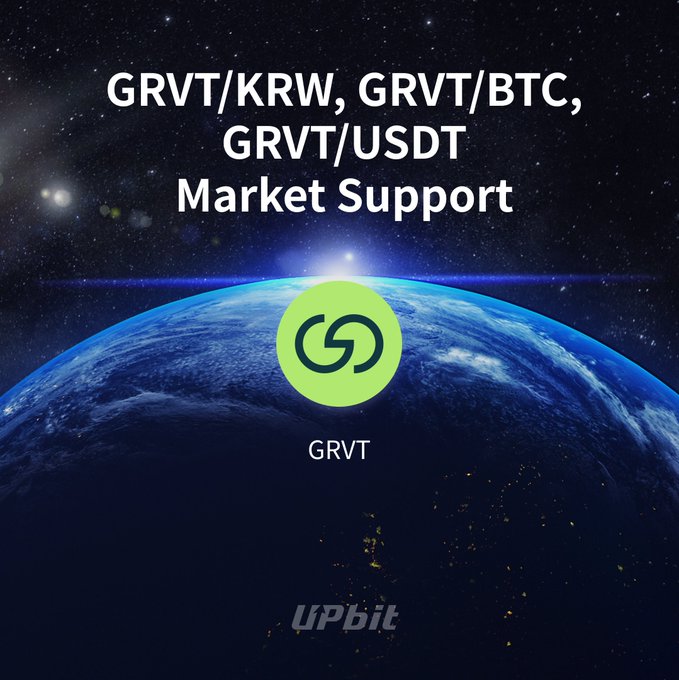 The image announces that GRVT (Grvt app) is now supported on UPbit exchange across three trading pairs: GRVT/KRW, GRVT/BTC, and GRVT/USDT, featuring the GRVT logo over a view of Earth from space.

The accompanying post "Grvt app's here!!!" likely celebrates GRVT's official listing and market support on UPbit.