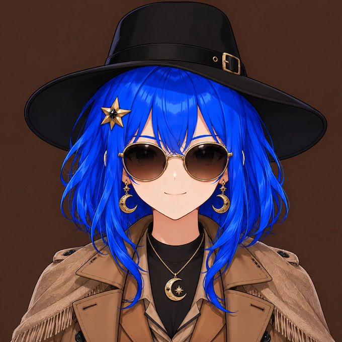 An anime-style avatar with vibrant blue hair, sunglasses, a black wide-brimmed hat, and celestial-themed accessories poses confidently, embodying the cool, stylish vibe of a casual "Gm" greeting to the crypto community.