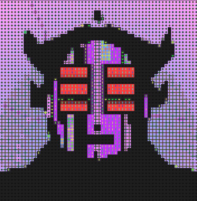 A pixelated digital artwork features a black demonic figure with red eyes against a purple patterned background.