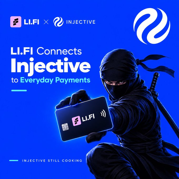A promotional graphic reading 'LI.FI Connects Injective to Everyday Payments' features a ninja holding a LI.FI branded card, with 'INJECTIVE STILL COOKING' at the bottom.