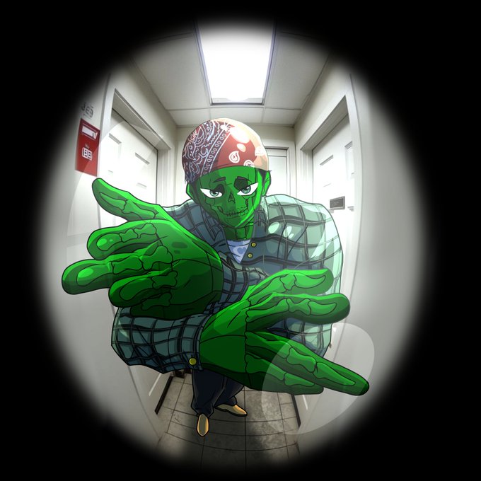 Stylized cartoon illustration of a green-skinned character wearing a bandana and plaid shirt, reaching both hands toward the viewer in a hallway setting with a fisheye lens effect.