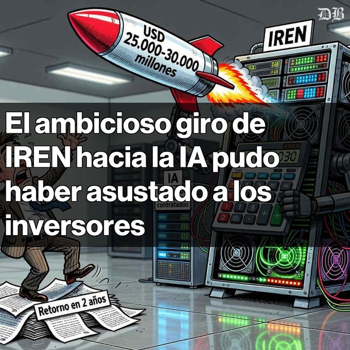 The image is a stylized illustration depicting IREN's ambitious pivot to AI, featuring a rocket labeled "USD 25,000-30,000 millones" launching from a server rack marked "IREN" with an "IA contratados" sign, while a businessman flees from scattered papers reading "Retorno en 2 años." The Spanish text "El ambicioso giro de IREN hacia la IA pudo haber asustado a los inversores" headlines the scene, visually representing how the company's costly $25-30 billion AI pivot appears to have unsettled investors.
