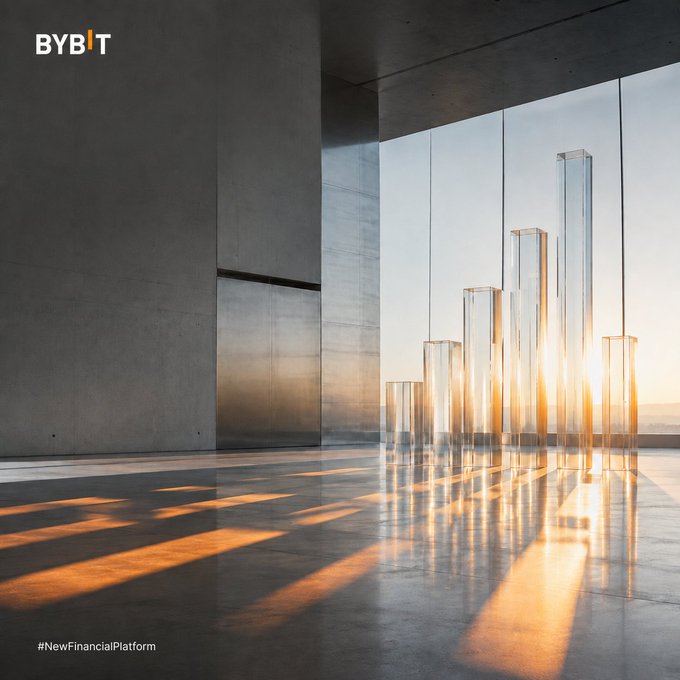 A sleek, modern architectural space featuring the BYBIT logo and the hashtag '#NewFinancialPlatform', with sunlight streaming through glass structures.
