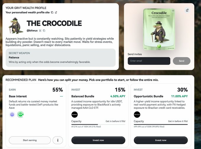 A digital wealth profile dashboard for 'THE CROCODILE' (@bltwux) showing a recommended investment plan split between Base interest (55%), Balanced Bundle (15%), and Opportunistic Bundle (30%).