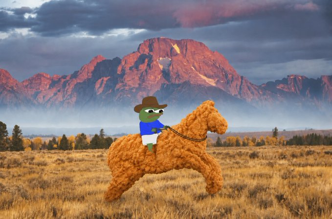 A surreal composite image featuring a cartoon frog character wearing a cowboy hat riding a furry, brown horse-like creature across a grassy plain with mountains at sunset in the background.