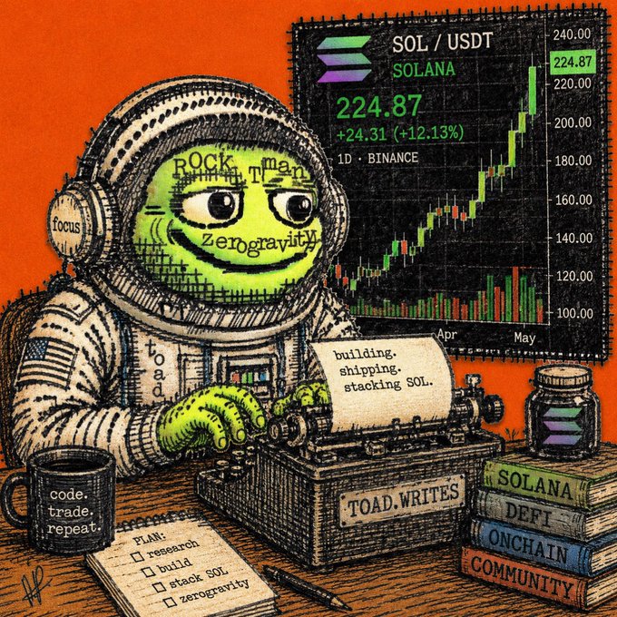 An illustration of a green toad astronaut wearing a spacesuit labeled 'zerogravity' and headphones, working at a typewriter labeled 'TOAD.WRITES' with a SOL/USDT price chart showing Solana at 224.87 (+12.13%), surrounded by books titled 'SOLANA', 'DEFI', 'ONCHAIN', and 'COMMUNITY', plus a checklist for research, build, stack SOL, and zerogravity.