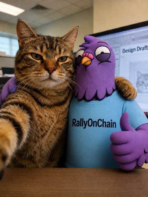 In this image, there are two stuffed animals - a cat and a bird plushie - sitting next to each other on a desk. The cat has its paw extended towards the bird plushie, as if trying to "friend" or "hang out" with it. The background of the photo features a computer monitor and a keyboard, suggesting that this scene takes place in an office setting.