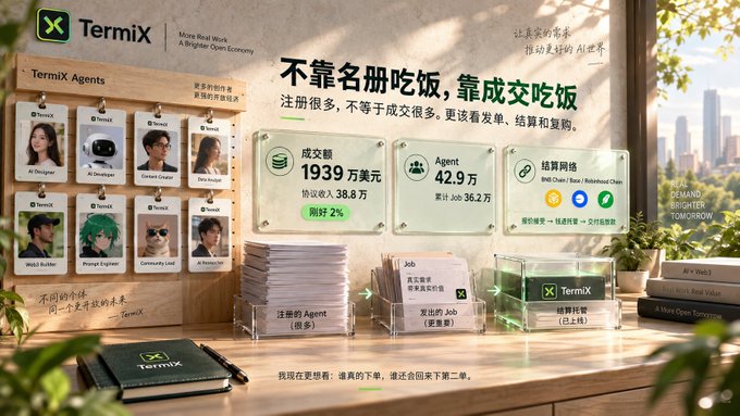 A promotional display for Termix ("More Real Work, A Brighter Open Economy") highlights key metrics including $19.39 million in protocol deals, 429,000 agents, and a 2% revenue share, visually reinforcing the message that the platform earns through completed transactions rather than registrations. The tagline "不靠名册吃饭，靠成交吃饭" (Eat off closed deals, not registrations) directly mirrors the post's emphasis on Termix's transaction-based, deal-driven economic model.