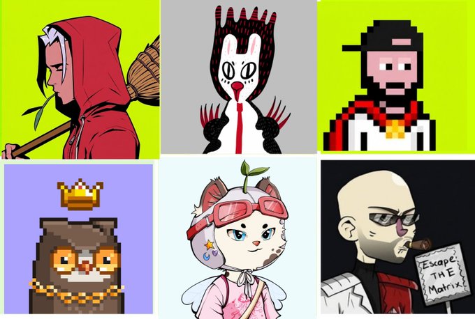 A collage of six cartoon-style NFT character illustrations including a red hooded figure with a broom, a creepy white rabbit, a pixel art character in red/white, a crowned bear, a winged kitten with goggles, and a bald character with glasses holding an 'Escape THE Matrix' sign.