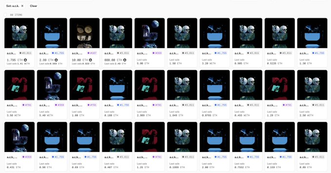 A grid of NFT listings displaying various digital items, including skulls, moons, and characters, with prices listed in ETH below each item.