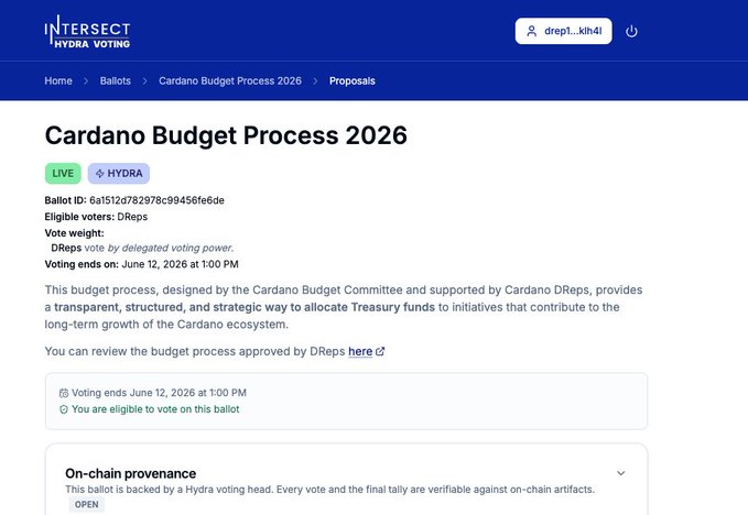 The image shows a webpage with information about Cardano Treasury Proposals (Batch One). It displays details about diversifying Cardano's treasury into prime, yield-bearing real estate, allocating funds for this purpose, and requesting 65,405,000 ADA. The text on the screen indicates that the post is related to Cardano Budget Process 2026, which is a proposal for diversifying the Cardano Treasury portfolio by investing in prime, yield-bearing real estate.