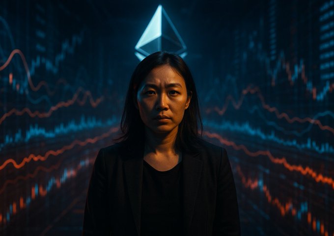 The image features an Asian woman wearing a black blazer, standing against a dark background with a large blue triangle-shaped object above her head. The text "Big Ethereum news just dropped Hsiao-Wei Wang, Co-Executive Director of the Ethereum Foundation" is also present in the image. This suggests that there might be some significant news or development related to Ethereum and its future direction. The woman's expression conveys a sense of concern or worry about this change, which could have implications for the cryptocurrency market, blockchain technology, or other aspects of the digital world.