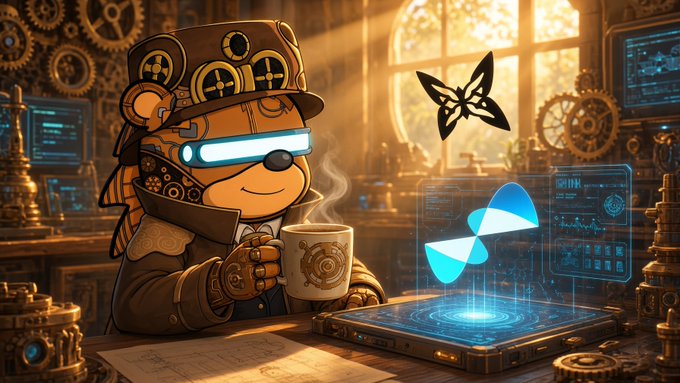 A steampunk-style, futuristic explorer wearing glowing visor goggles holds a mug while viewing a blue holographic symbol on a high-tech device in a gear-filled workshop.