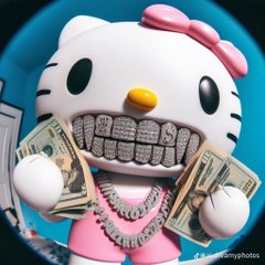A figure of Hello Kitty styled as a hypebeast rapper with diamond-encrusted grillz, holding stacks of cash, and wearing a chunky chain necklace — paired with the post "Starting today, stacking Swing Long," the image humorously conveys a flashy, wealth-driven approach to "Swing Long," a brand or trading term (likely swing trading), implying aggressive, high-stakes investing.