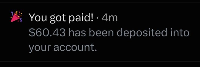A payment notification screenshot showing '$60.43 has been deposited into your account' with a 'You got paid!' message from 4 minutes ago, decorated with a party popper emoji on a dark background.