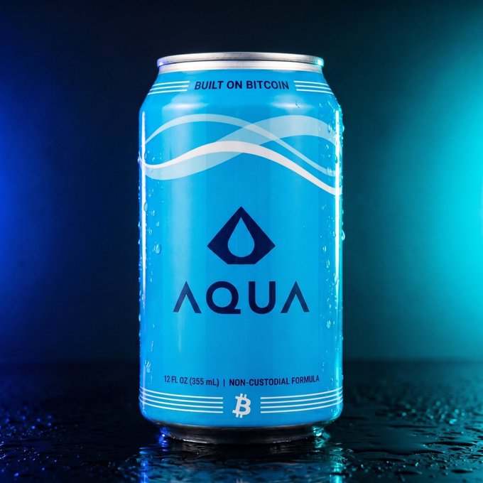 The image features a blue can of Aquafina water sitting on a black surface, with some water droplets visible around it. The background appears to be dark, which contrasts with the bright blue color of the can. There are no other objects or texts in the image.