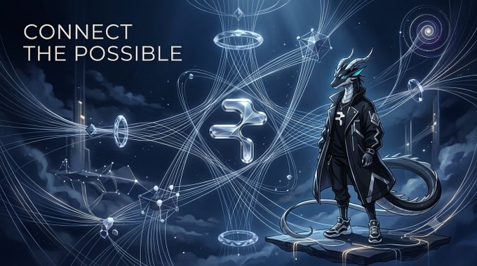 A digital artwork featuring a dragon-like humanoid character in a dark coat standing on a platform, surrounded by geometric shapes and lines, with the text 'CONNECT THE POSSIBLE' and a stylized 'F' logo.