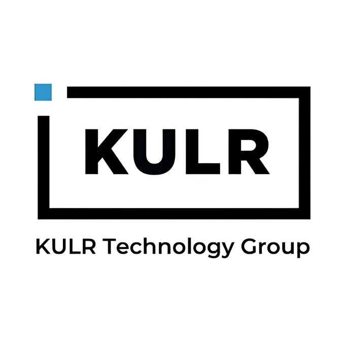 The image displays the KULR Technology Group logo, featuring "KULR" in bold black letters within a black rectangular frame accented by a blue square, with the full company name "KULR Technology Group" written below. This relates to the post about KULR Technology selling 333 BTC to fully repay its $20 million loan from Coinbase, leaving it with 760 BTC holdings.