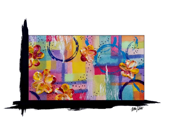 A vibrant abstract floral painting with a multicolored checkered background, signed "MN 2021" in the bottom right corner.