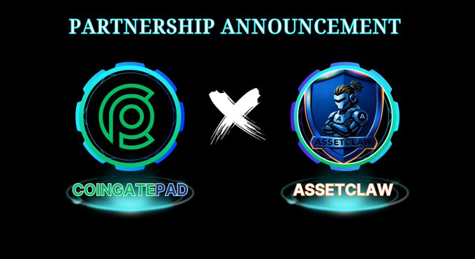 A partnership announcement graphic displays logos for 'COINGATEPAD' and 'ASSETCLAW' separated by an 'X' on a black background.