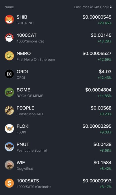 A cryptocurrency list showing meme tokens and their 24-hour price changes, including SHIB (+29.45%), 1000CAT (+13.28%), NEIRO (+12.69%), ORDI (+12.43%), BOME (+11.85%), PEOPLE (+9.23%), FLOKI (+9.03%), PNUT (+8.68%), WIF (+8.42%), and 1000SATS (+8.17%).