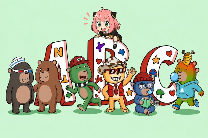 An anime-style illustration featuring Anya from Spy x Family alongside several cartoon animal characters posing in front of colorful "N", "C", and "G" letters.