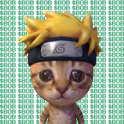 A meme image features a cat with large sad eyes wearing a yellow spiky anime-style wig and a Naruto headband, set against a green background covered in '$BOB' text.