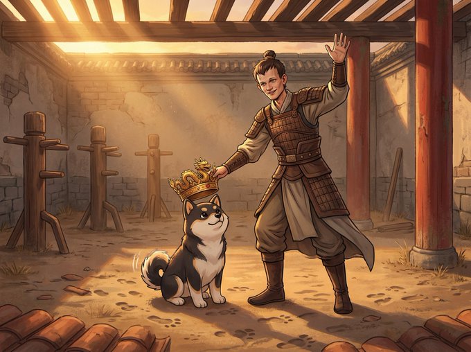 A warrior in armor playfully places a golden crown on a smiling Shiba Inu in a sunlit training courtyard, with wooden practice dummies in the background—capturing the triumphant "Earned, not given" sentiment of the $MANYU community rallying behind their crowned canine mascot.