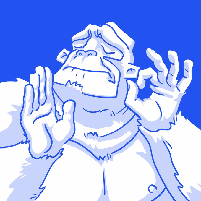A blue-and-white cartoon illustration of a furred creature (resembling a yeti or gorilla) with raised hands against a bright blue background.